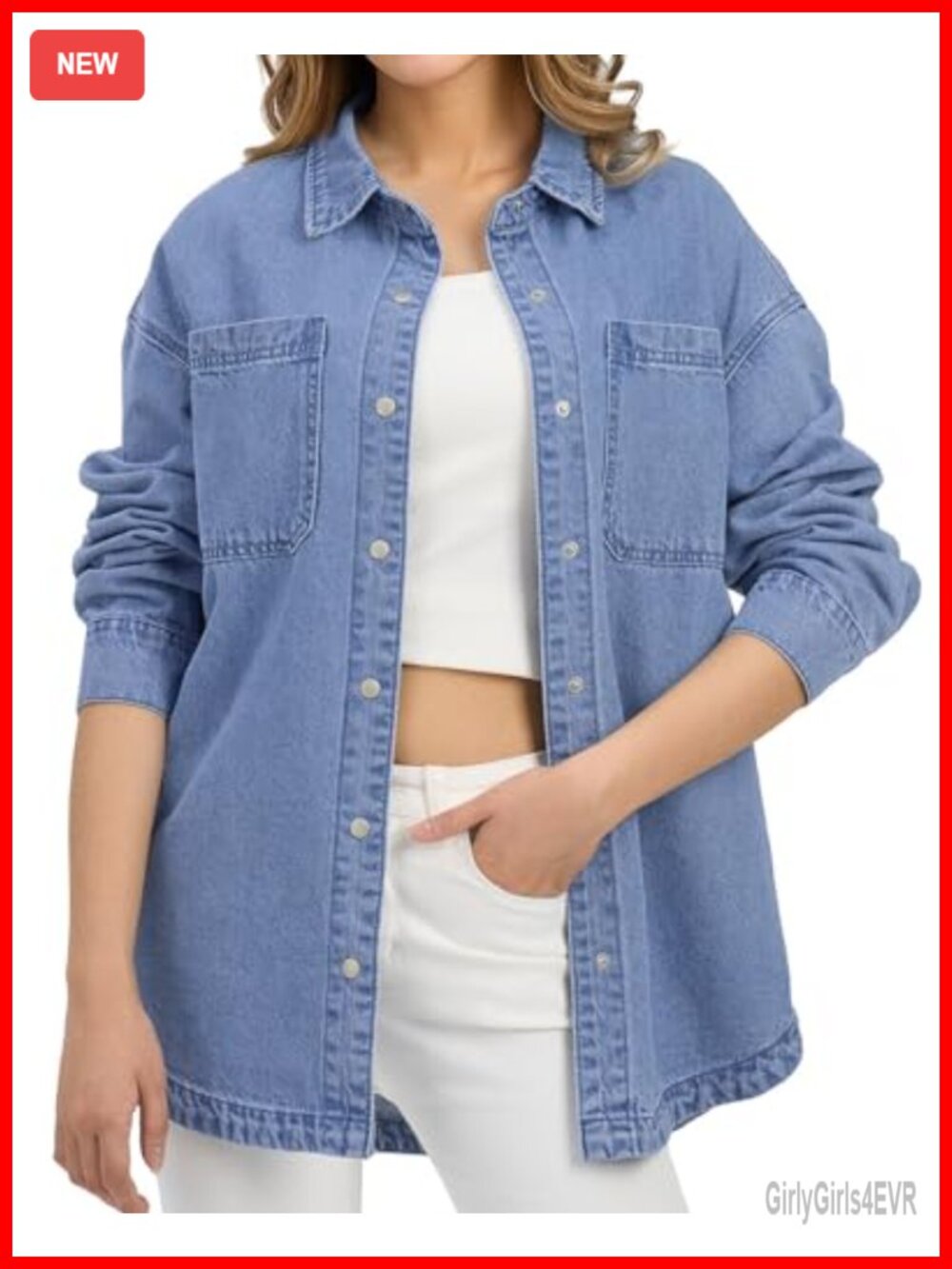 Oversized 100% Cotton Denim Button-Down Shirt Long Sleeve Snap Front